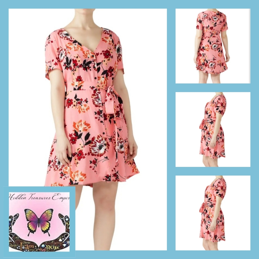 City Chic Botanical Blush Pink Button Dress Size Small 16